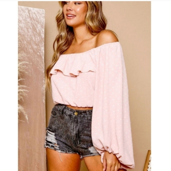 Off Shoulder Puff Sleeve Blouse pink✨️ - Picture 4 of 4